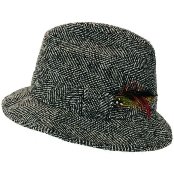 Herringbone Fedora Hat With Red Side Feather - Picture 1 of 5